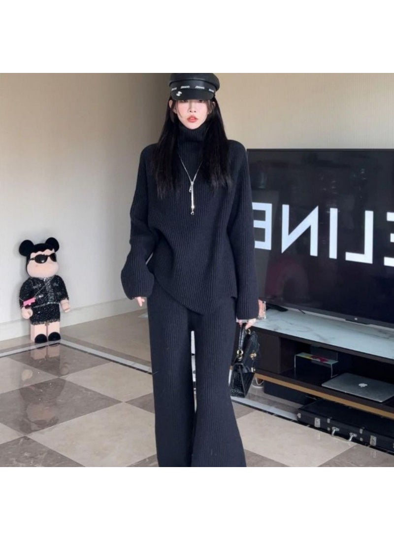 Purple Wool Two-piece Set Autumn Winter Thick Loose Lazy Style Knitted Wide-leg Pants Set Women Trendy Black