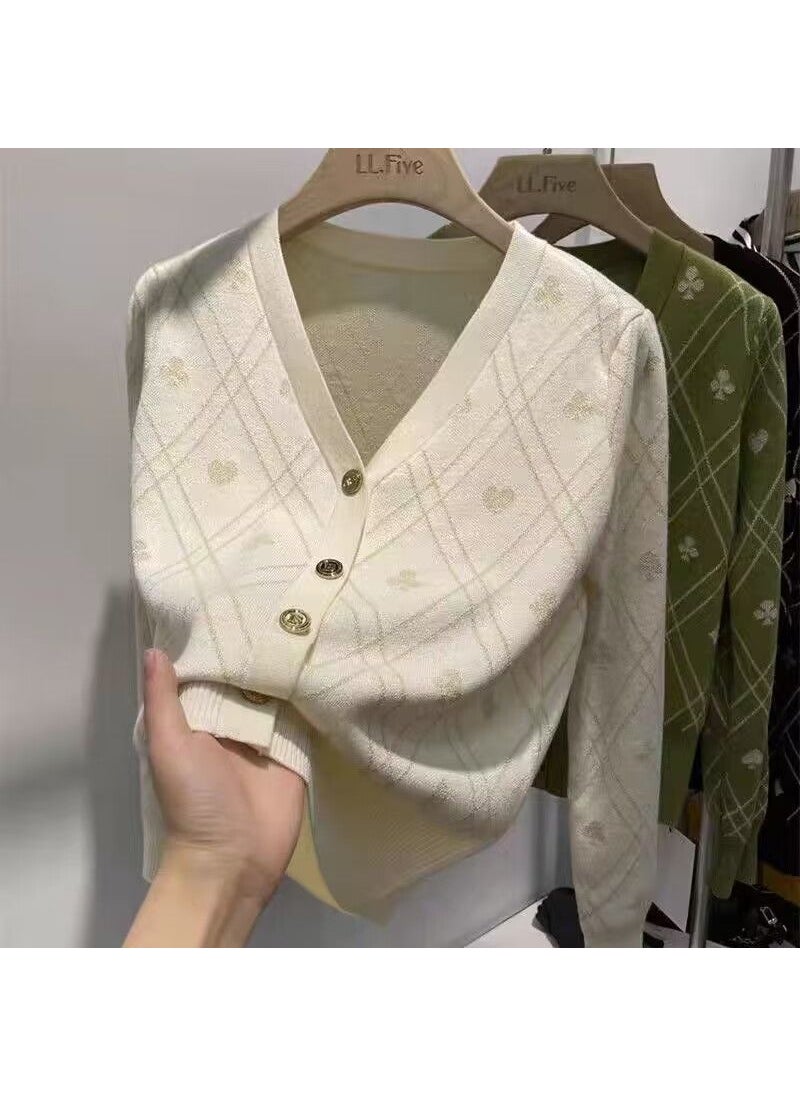 Fashionable Long Sleeve Knitted Cardigan Womens Spring Autumn Retro Sweater Small Fragrance Style Outerwear V-neck Polyester Fiber Green [section]]