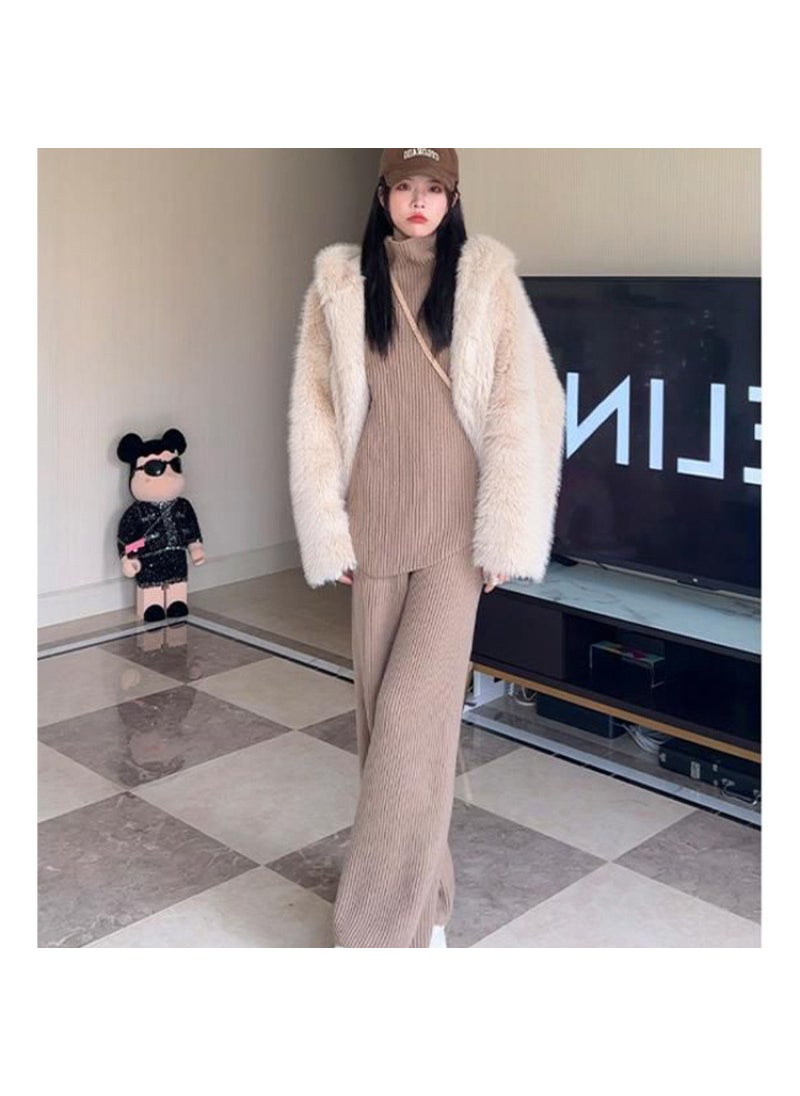 Purple Wool Two-piece Set Autumn Winter Thick Loose Lazy Style Knitted Wide-leg Pants Set Women Trendy Camel