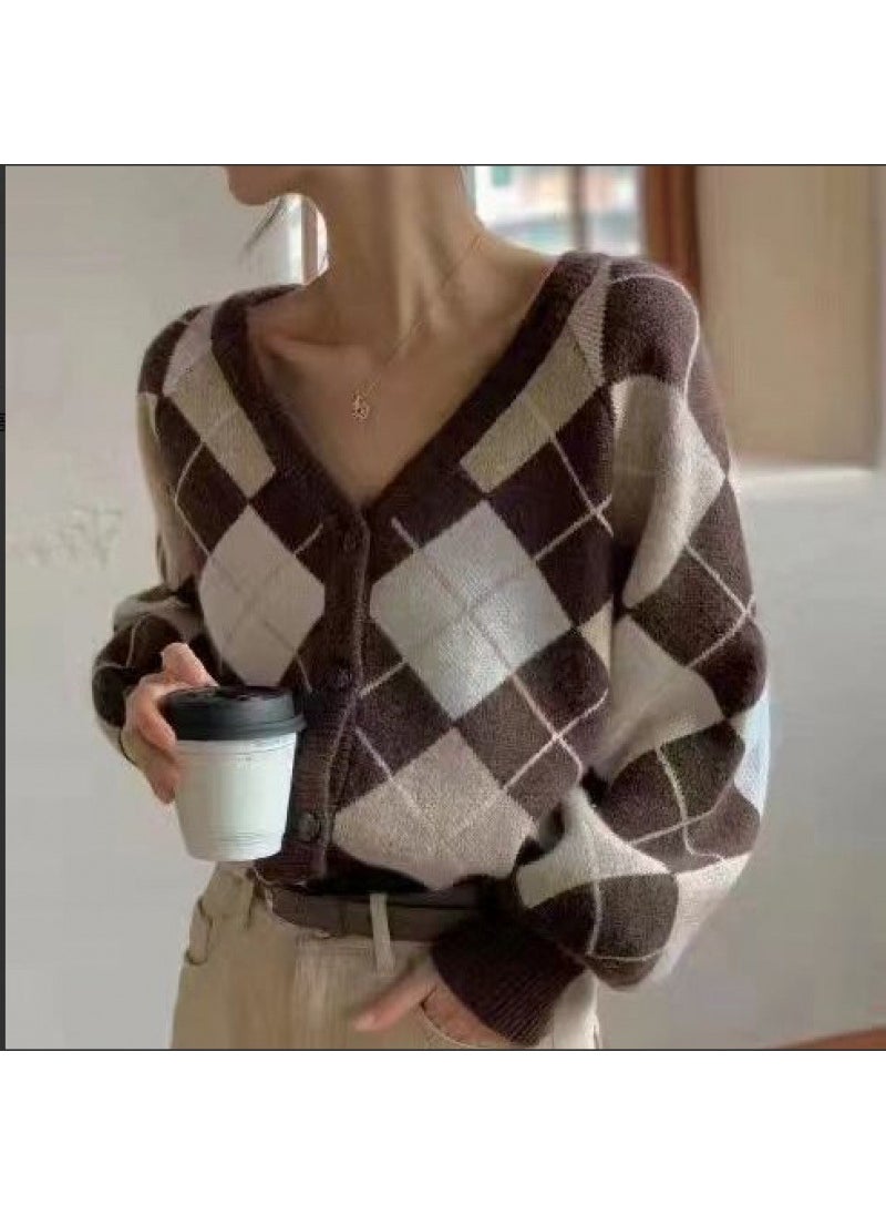 Vintage Argyle Knitted Cardigan Sweater Womens Long Sleeve Top Outerwear Jacket Loose-fit Autumn/winter V-neck Brown