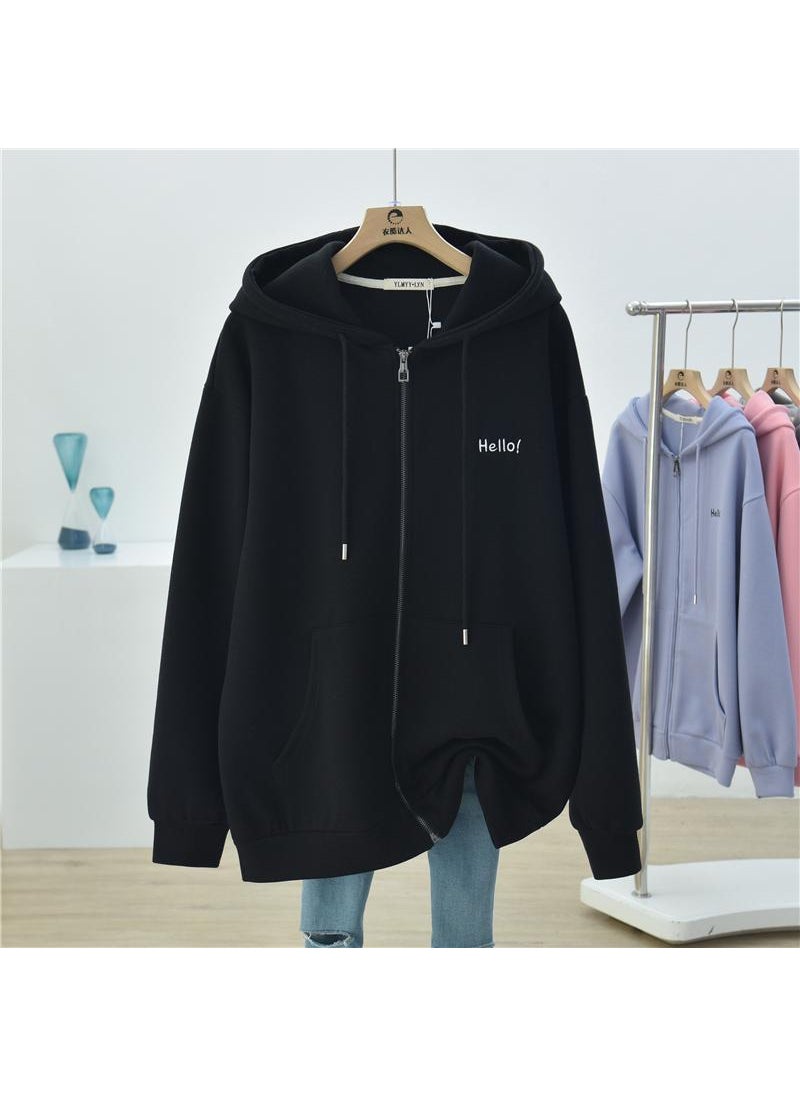 plus Size Fleece Lined Sweatshirt Korean Style Hooded Open Cardigan Sportswear Women Casual Versatile Loose Fit Long Sleeve Black fleece-lined
