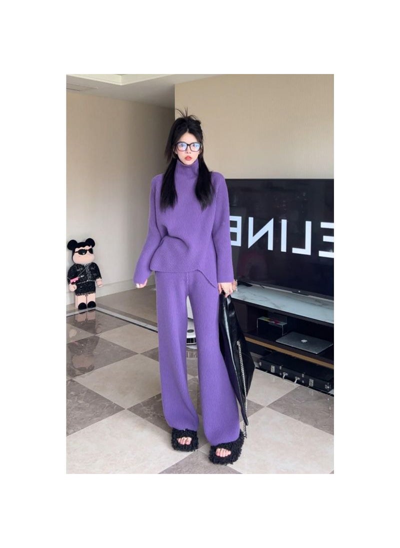 Purple Wool Two-piece Set Autumn Winter Thick Loose Lazy Style Knitted Wide-leg Pants Set Women Trendy Purple