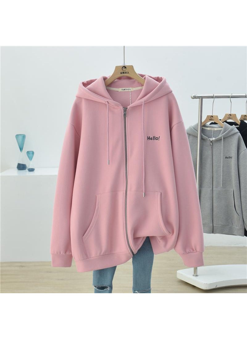 plus Size Fleece Lined Sweatshirt Korean Style Hooded Open Cardigan Sportswear Women Casual Versatile Loose Fit Long Sleeve Pink fleece-lined
