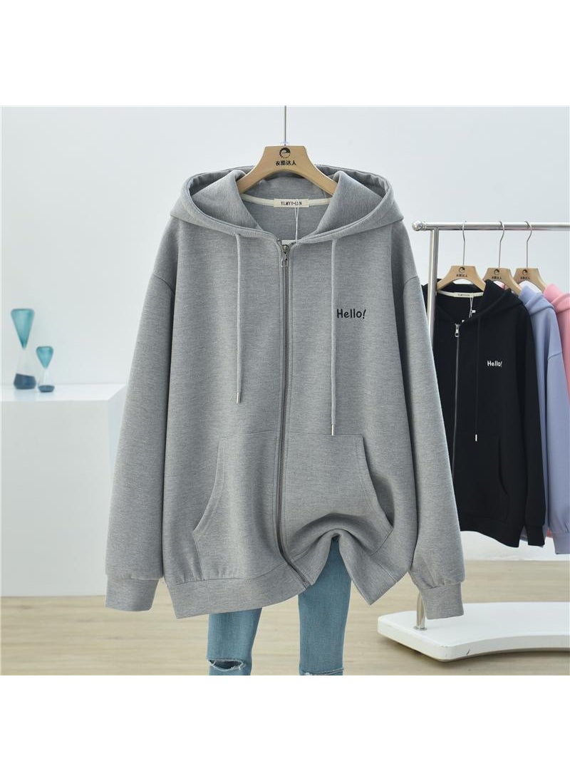 plus Size Fleece Lined Sweatshirt Korean Style Hooded Open Cardigan Sportswear Women Casual Versatile Loose Fit Long Sleeve Grey fleece-lined