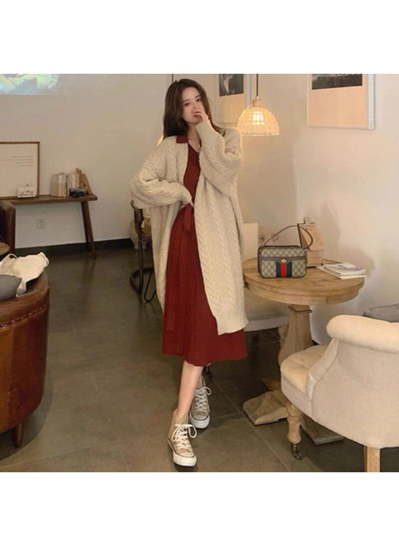 Womens Sweater Jacket Dress Set Loose-fit Knitted Cardigan Base Layer Top Fashionable Womens Clothing Apricot [Coat]]