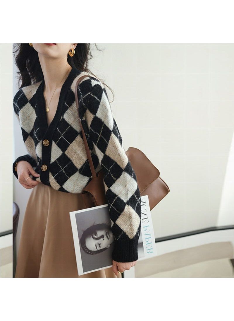 Vintage Argyle Knitted Cardigan Sweater Womens Long Sleeve Top Outerwear Jacket Loose-fit Autumn/winter V-neck Black Diamond Plaid