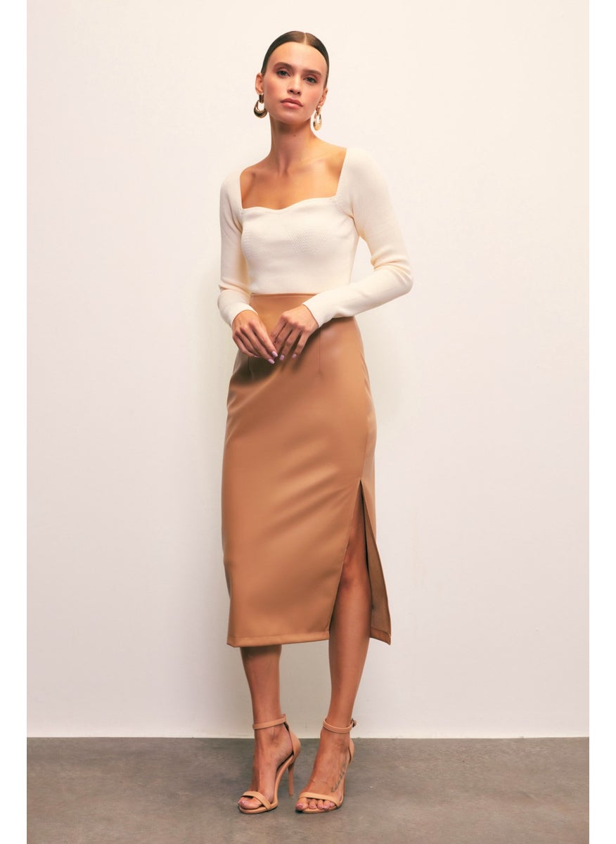 Side Slit Leather Skirt - Camel