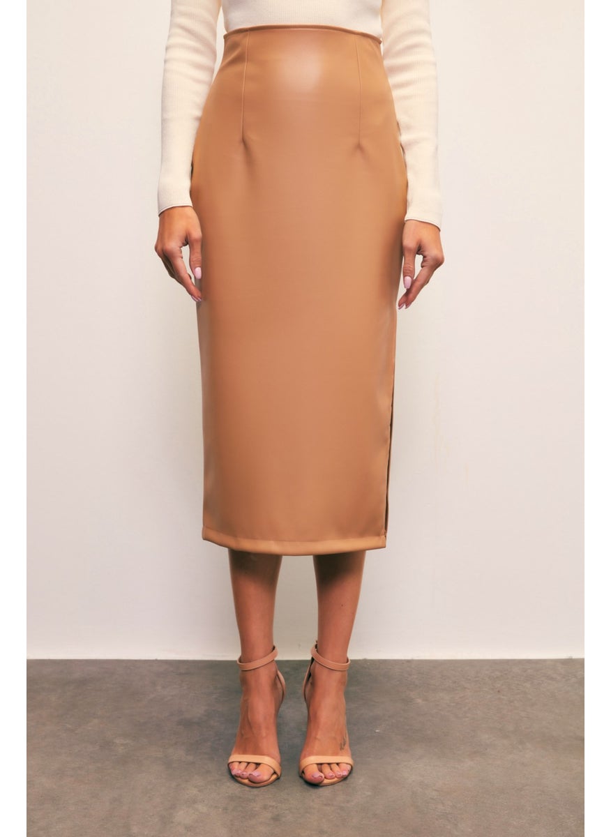 Side Slit Leather Skirt - Camel