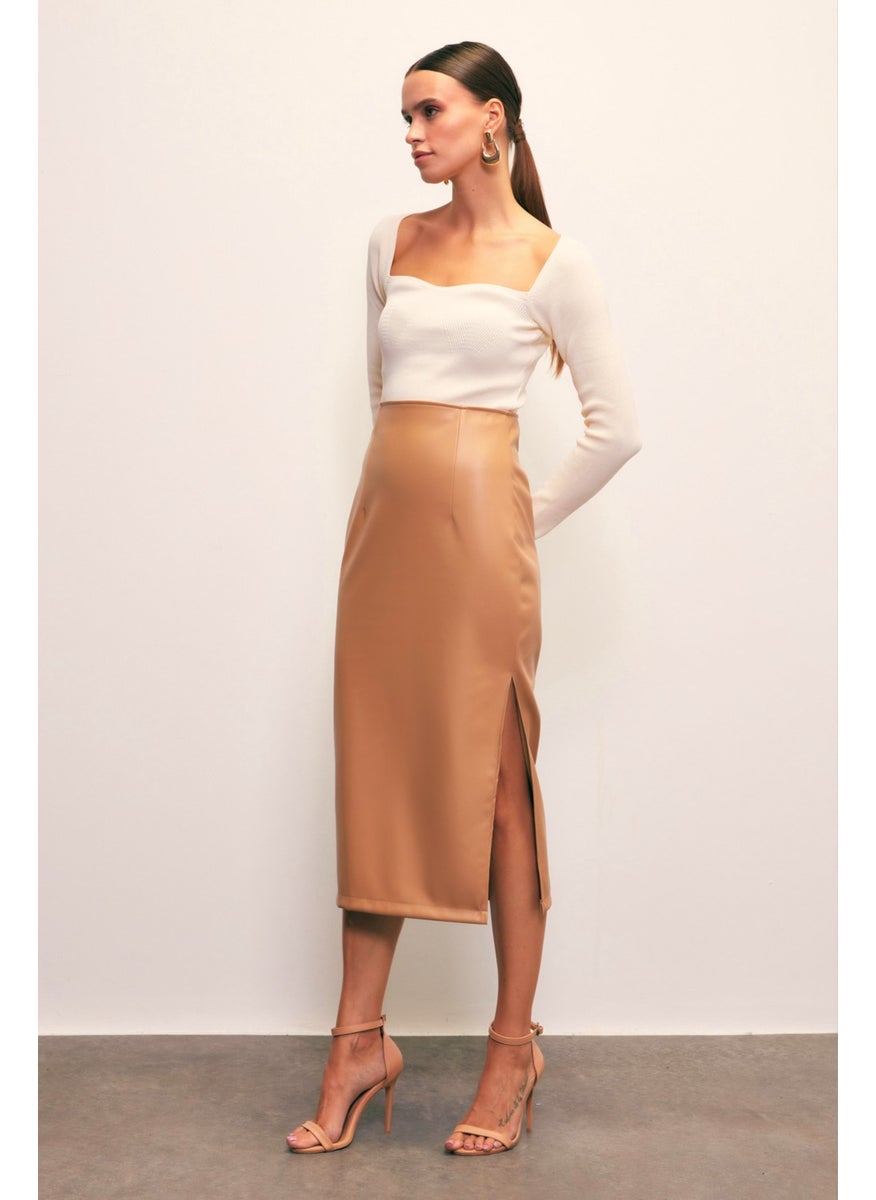 Side Slit Leather Skirt - Camel