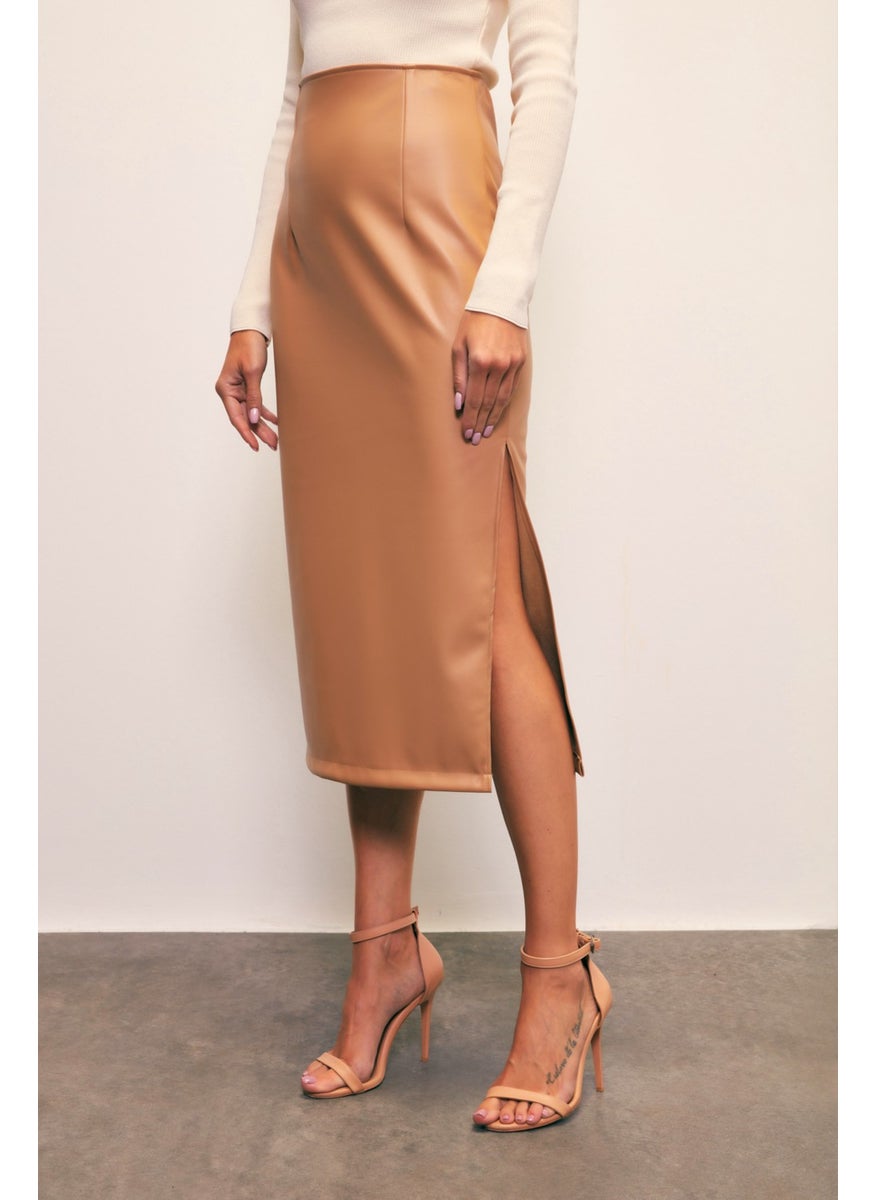 Side Slit Leather Skirt - Camel