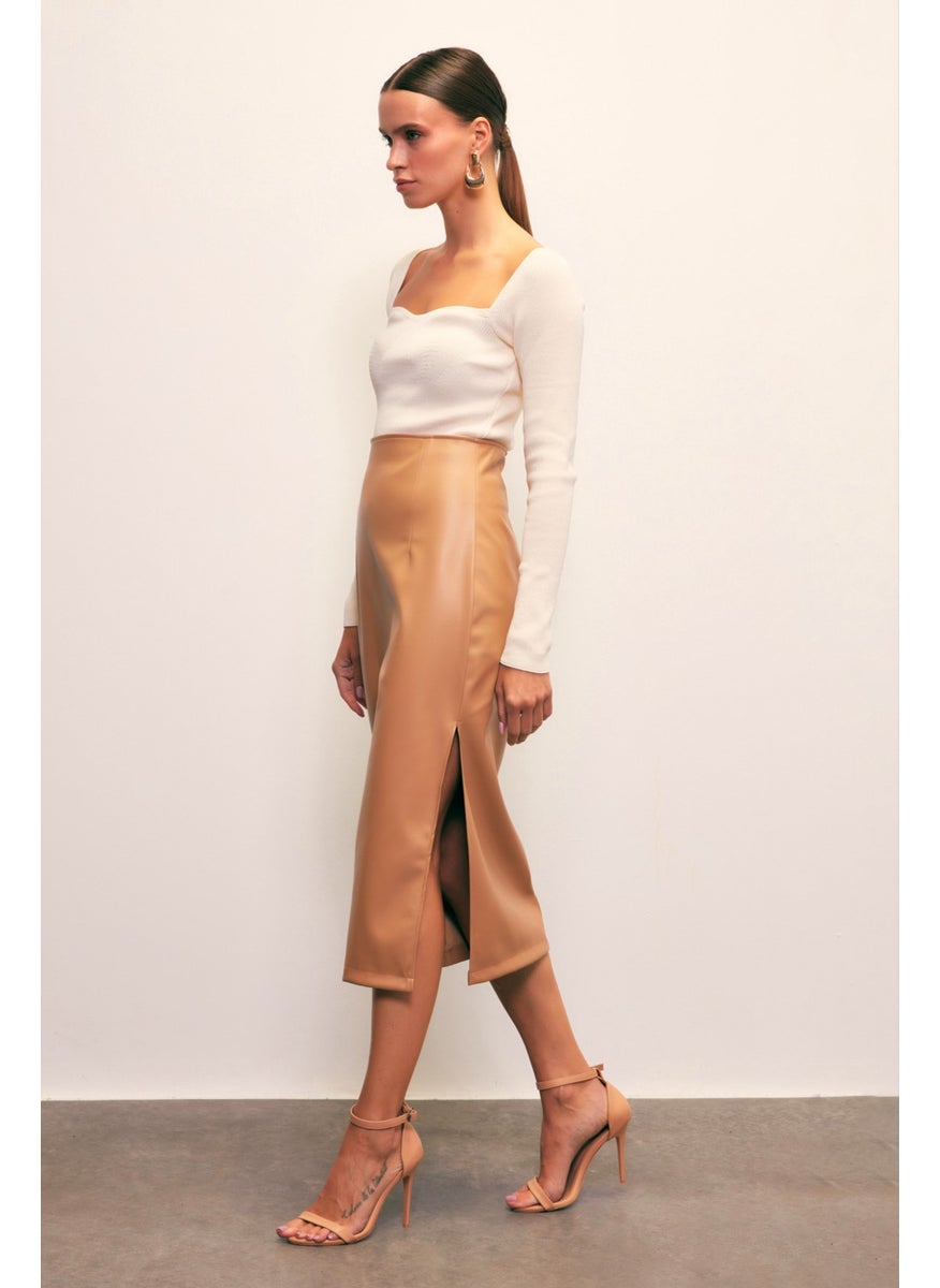 Side Slit Leather Skirt - Camel