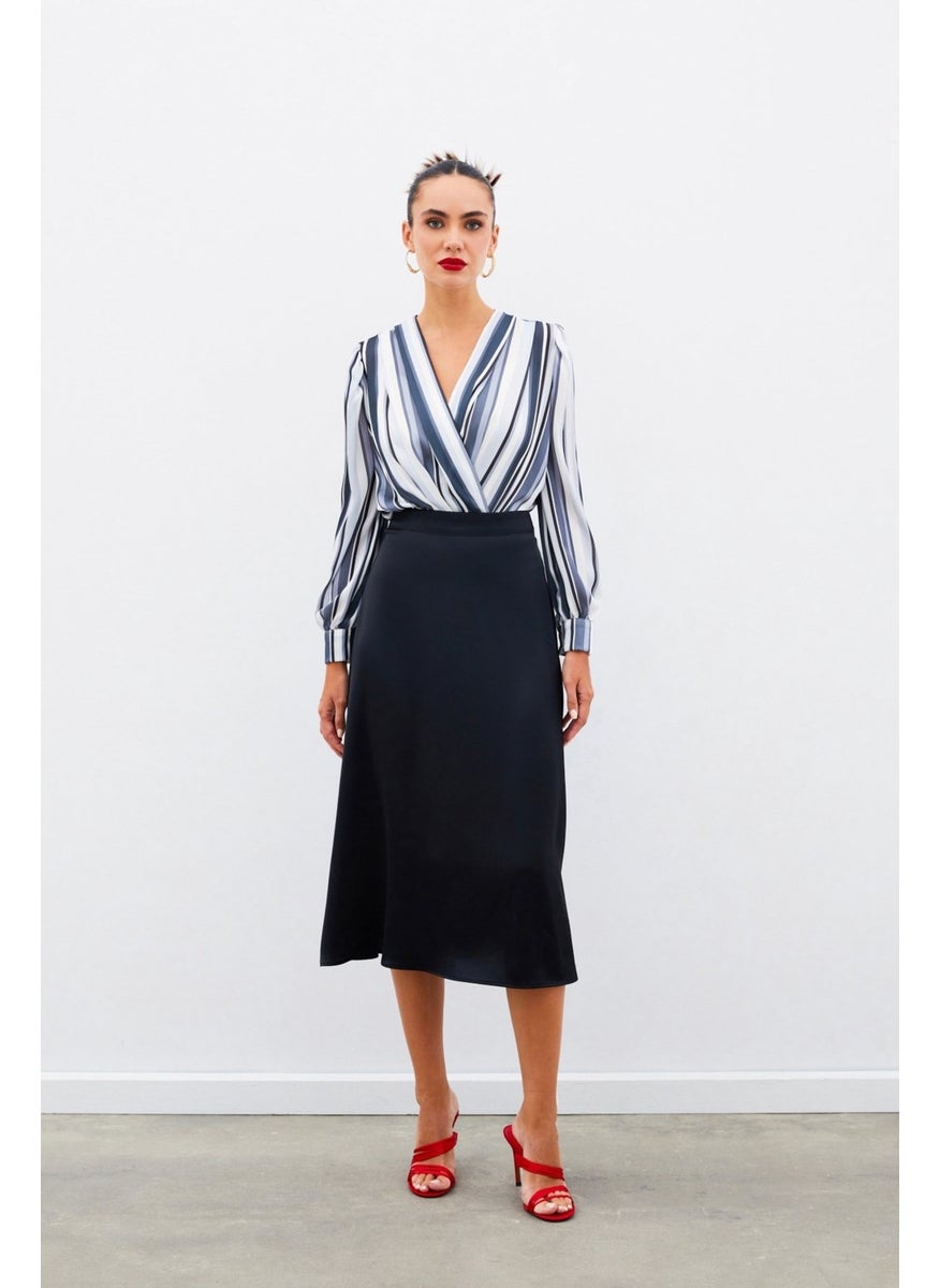 Midi Length Satin Skirt - BLACK