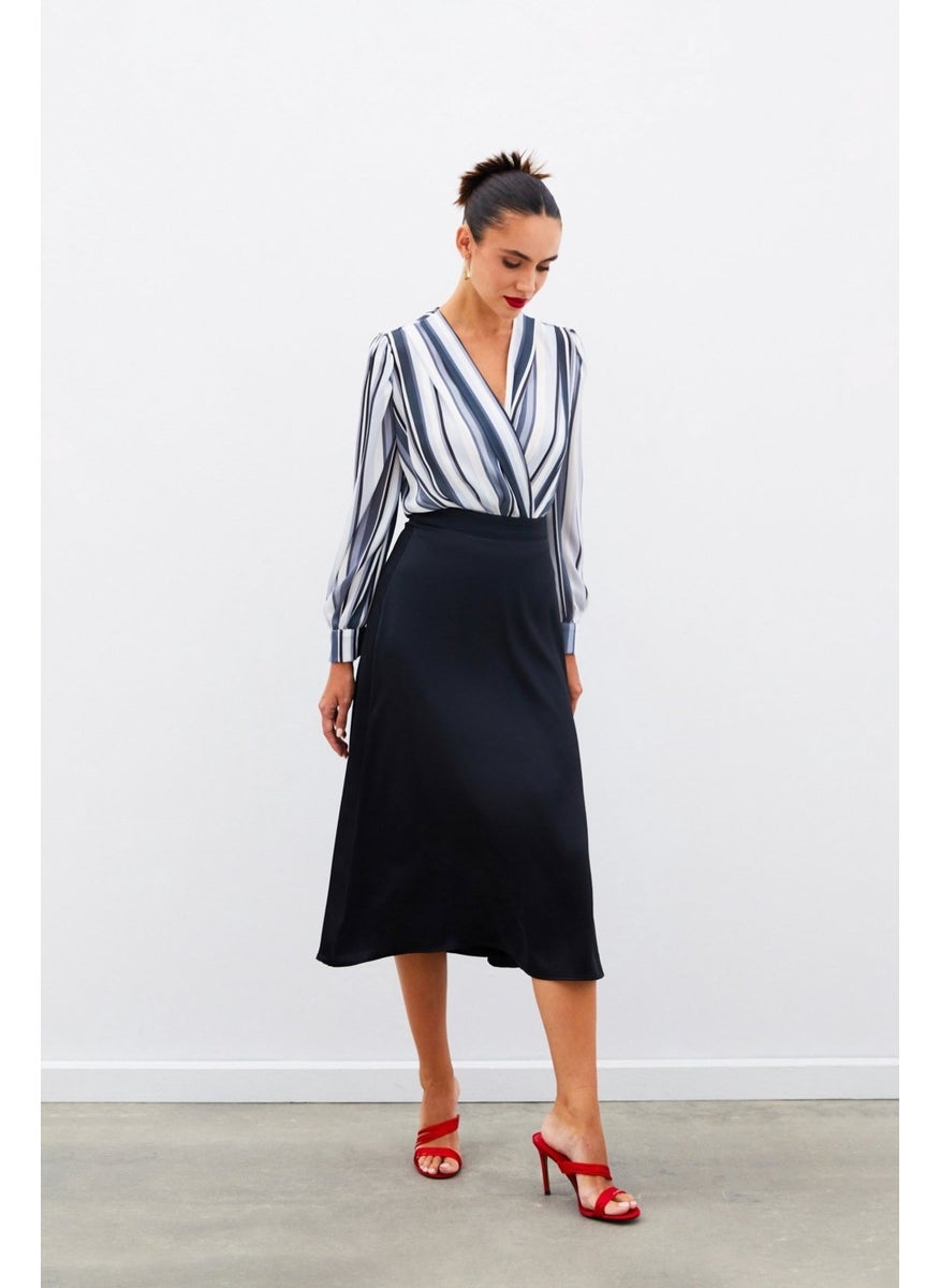 Midi Length Satin Skirt - BLACK