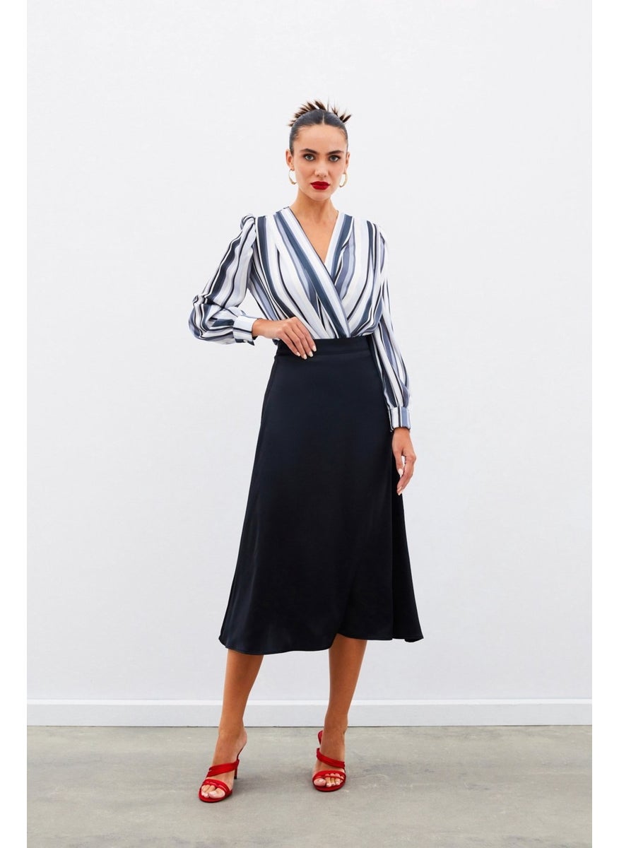 Midi Length Satin Skirt - BLACK