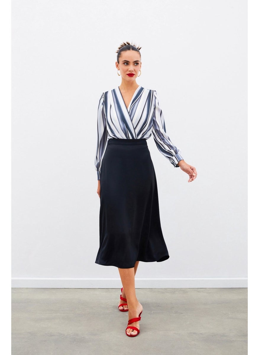 Midi Length Satin Skirt - BLACK