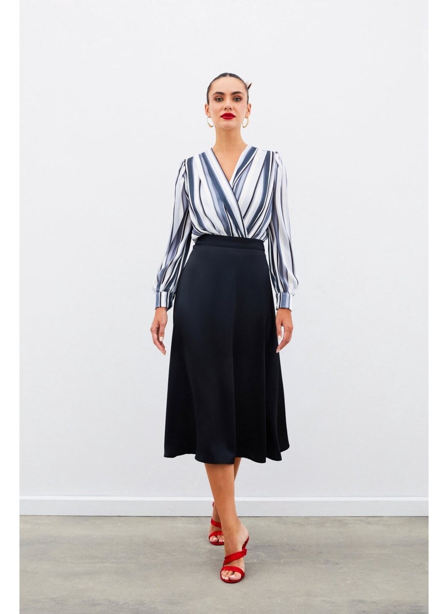 Midi Length Satin Skirt - BLACK