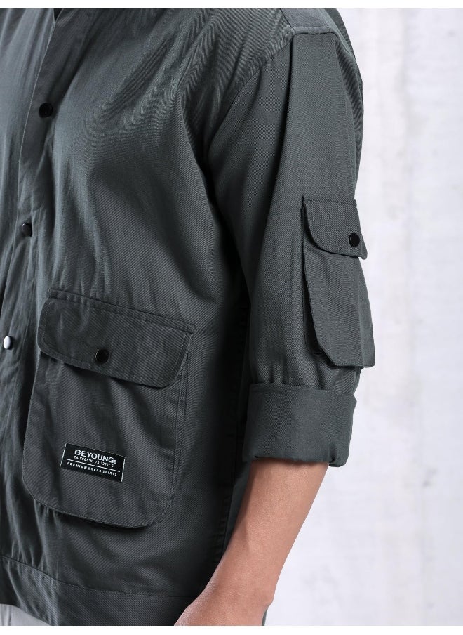 Dark Grey Utility Pockets Casual Shirt for Men