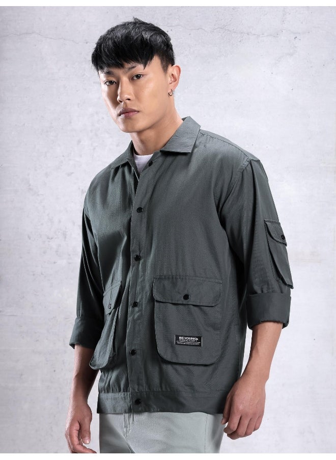 Dark Grey Utility Pockets Casual Shirt for Men