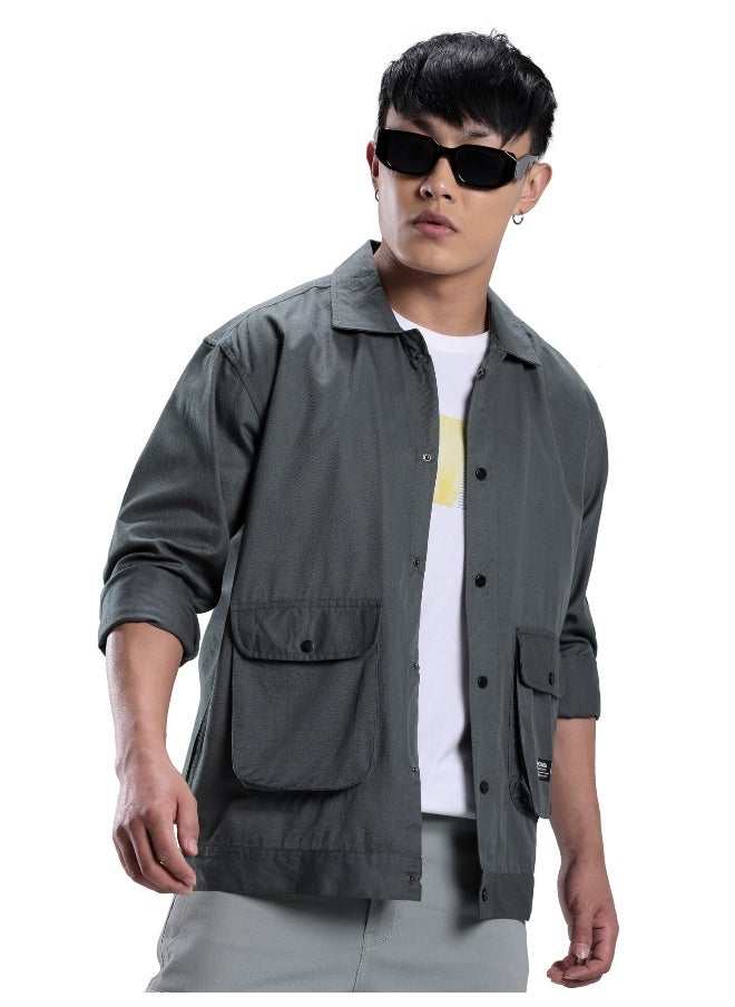 Dark Grey Utility Pockets Casual Shirt for Men
