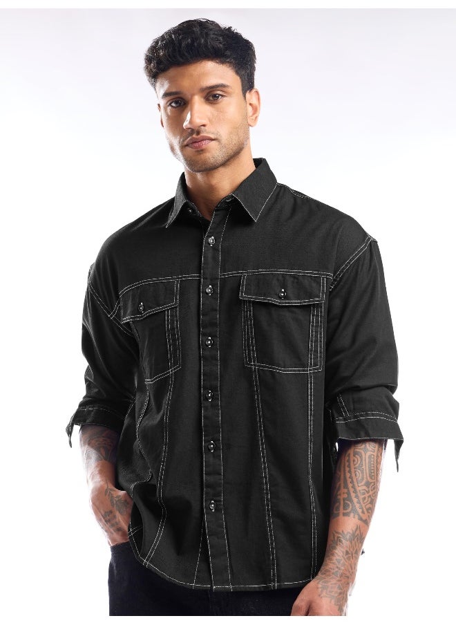 Black Contrast Stitch Jacket Shirt for Men