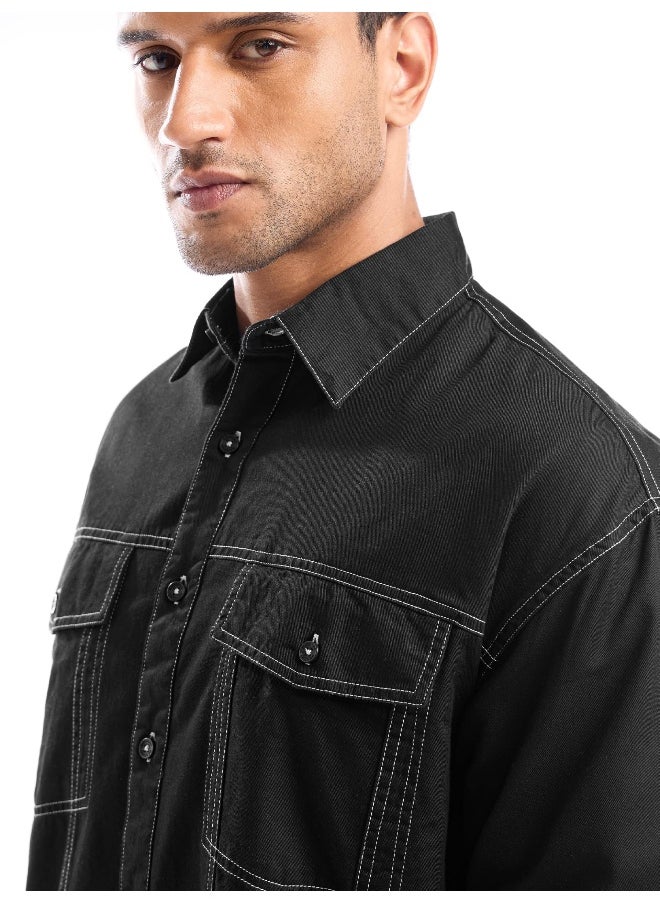Black Contrast Stitch Jacket Shirt for Men