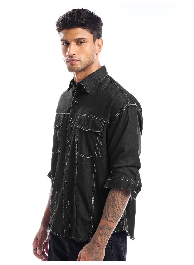 Black Contrast Stitch Jacket Shirt for Men