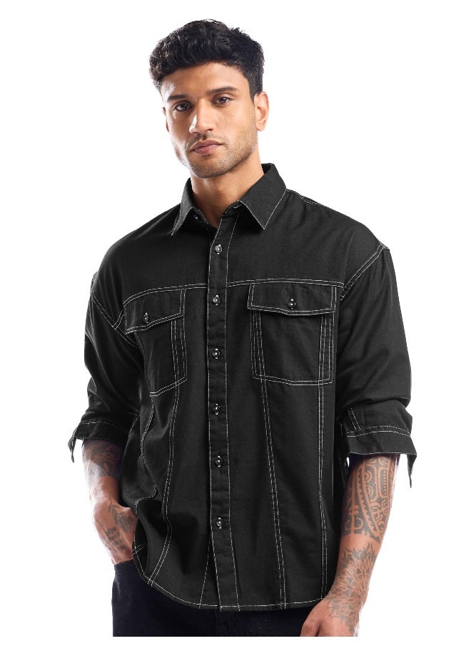 Black Contrast Stitch Jacket Shirt for Men