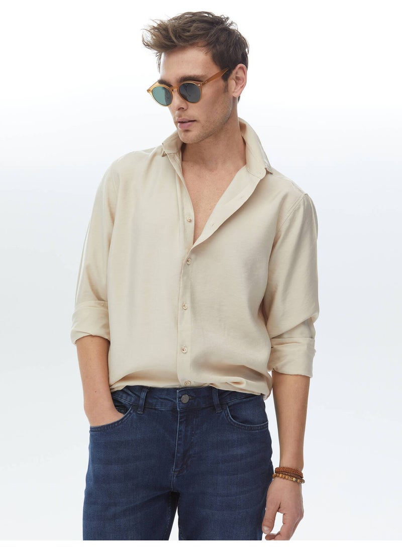 Beige Plain Regular Fit Woven Casual Shirt