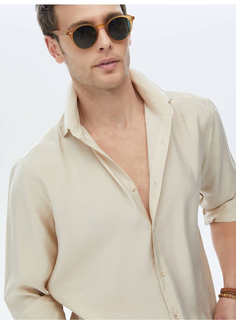 Beige Plain Regular Fit Woven Casual Shirt