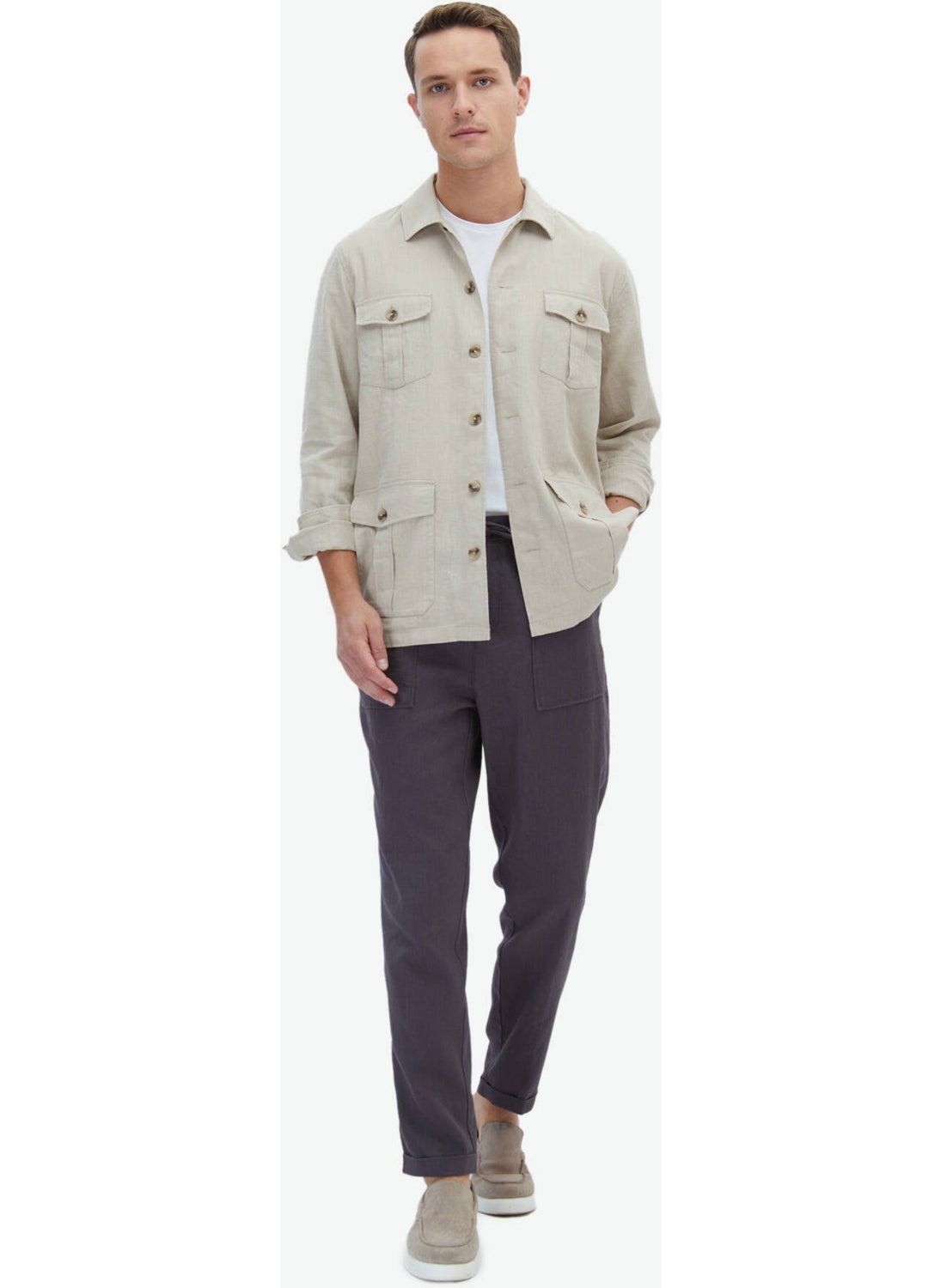 Beige Plain Regular Fit Woven Overshirt