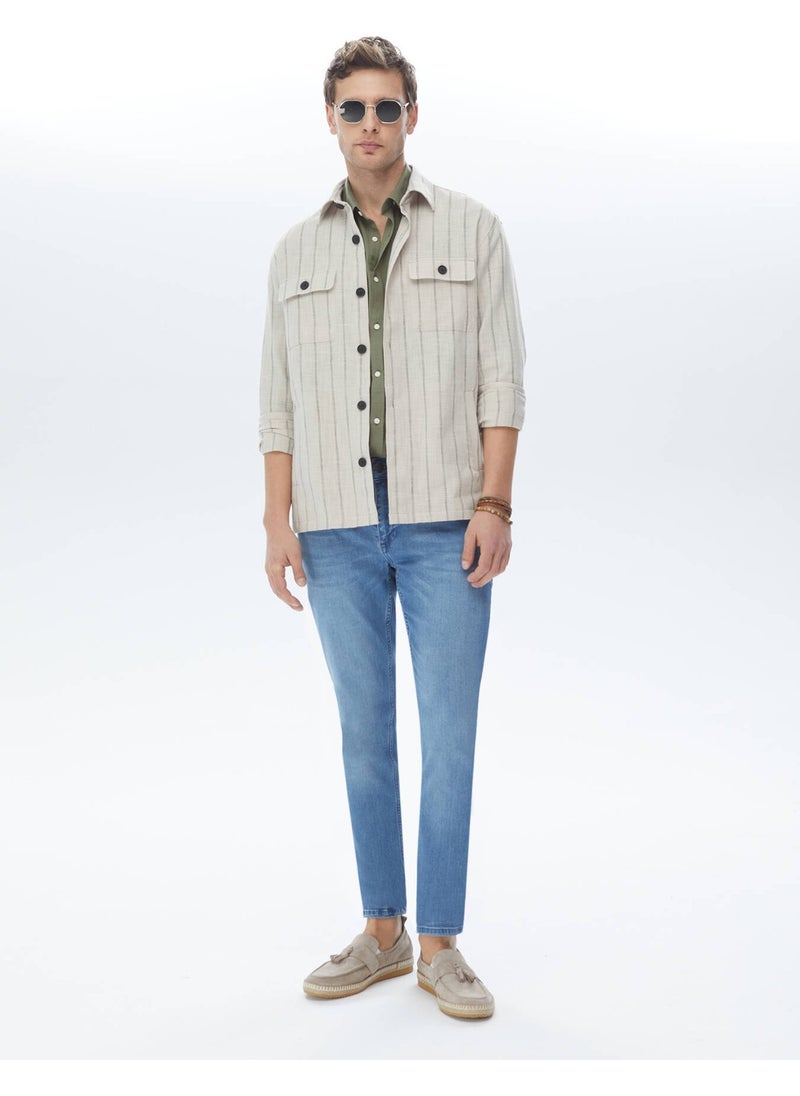 Beige Striped Oversize Fit Woven 100% Cotton Overshirt