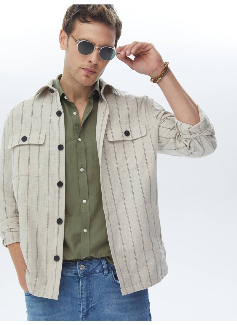 Beige Striped Oversize Fit Woven 100% Cotton Overshirt