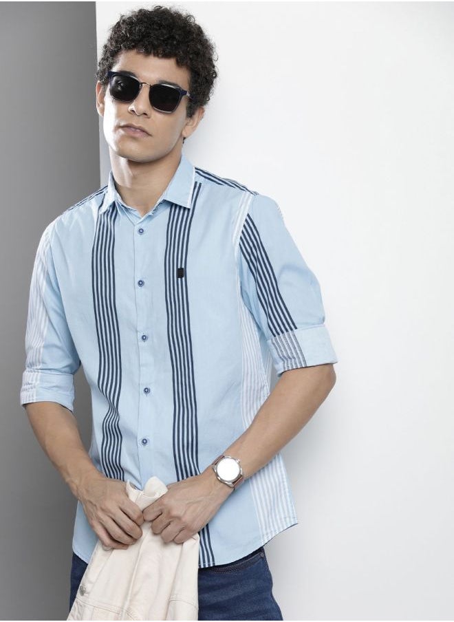 Men Regular Fit Striped Full Sleeves Cutaway Collar Casual Shirt