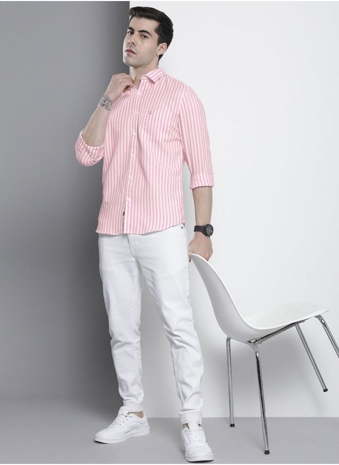 Men Regular Fit Striped Full Sleeves Cutaway Collar Casual Shirt
