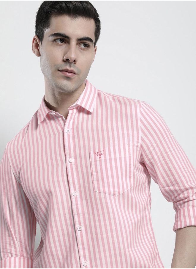 Men Regular Fit Striped Full Sleeves Cutaway Collar Casual Shirt