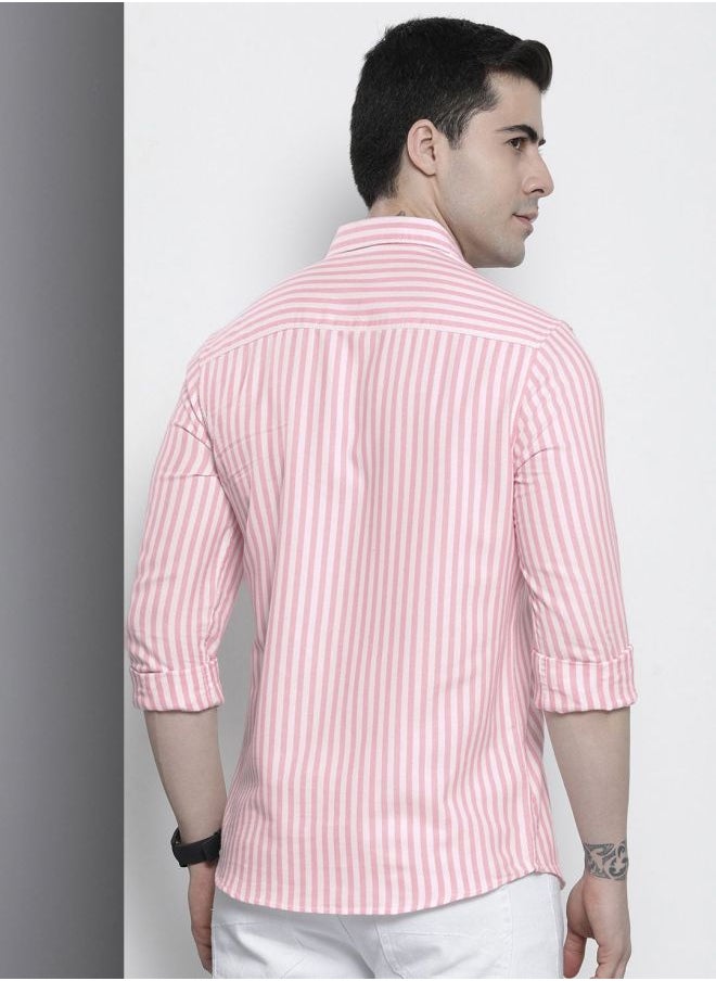 Men Regular Fit Striped Full Sleeves Cutaway Collar Casual Shirt