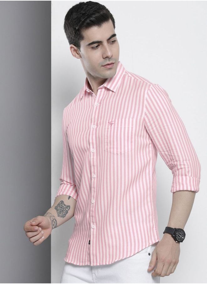 Men Regular Fit Striped Full Sleeves Cutaway Collar Casual Shirt