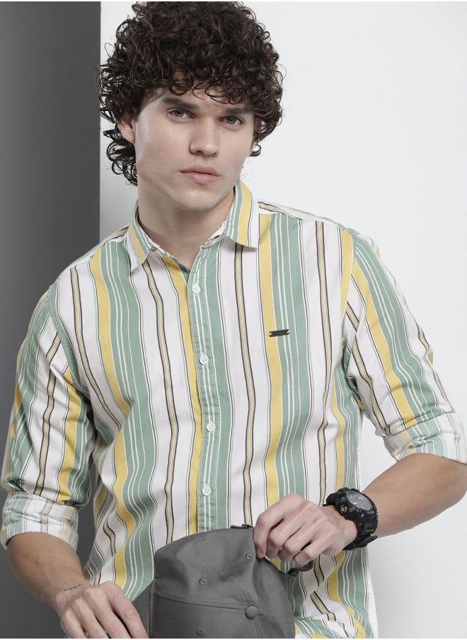 Men Regular Fit Striped Full Sleeves Cutaway Collar Casual Shirt