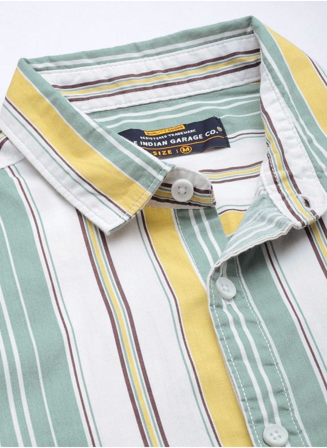 Men Regular Fit Striped Full Sleeves Cutaway Collar Casual Shirt