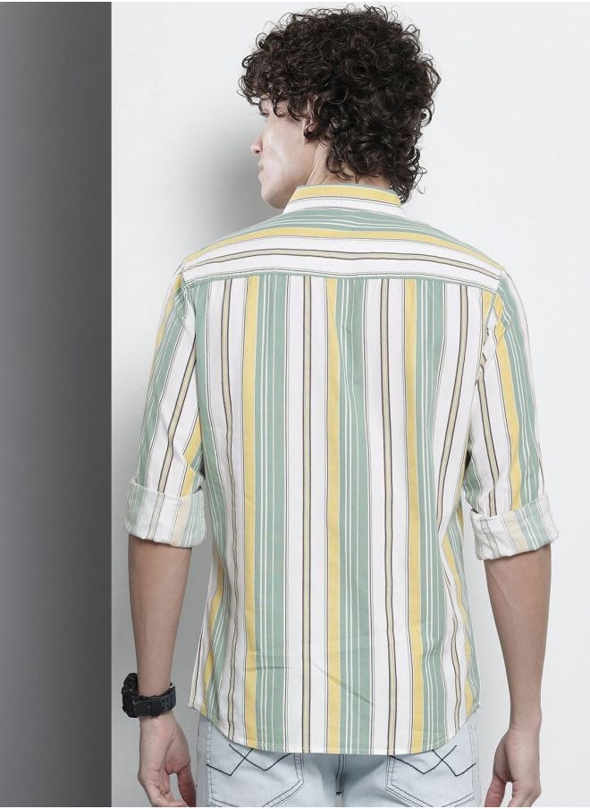 Men Regular Fit Striped Full Sleeves Cutaway Collar Casual Shirt