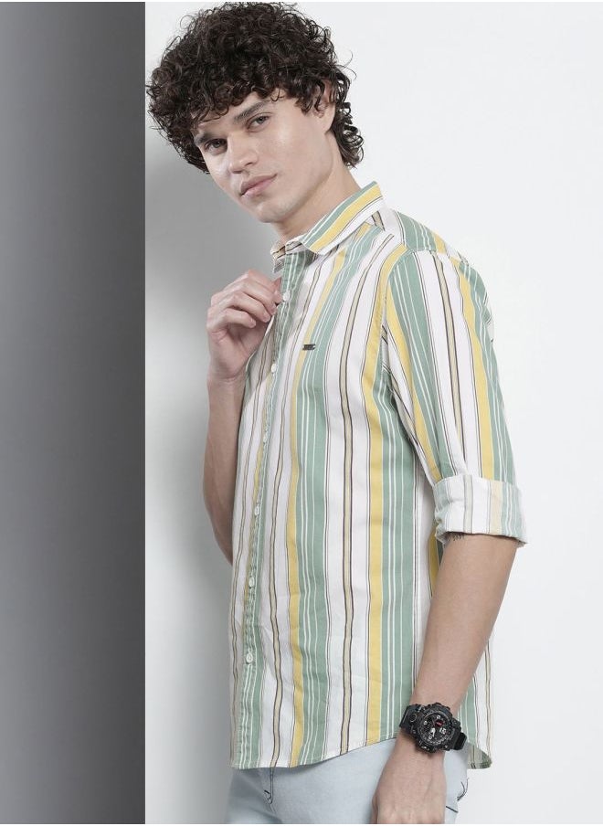 Men Regular Fit Striped Full Sleeves Cutaway Collar Casual Shirt