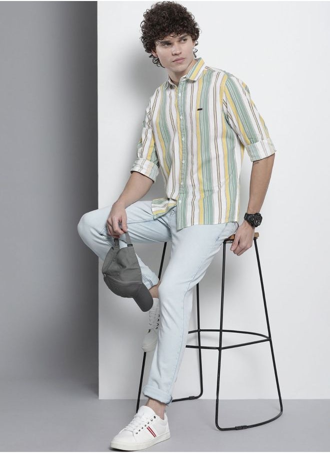Men Regular Fit Striped Full Sleeves Cutaway Collar Casual Shirt