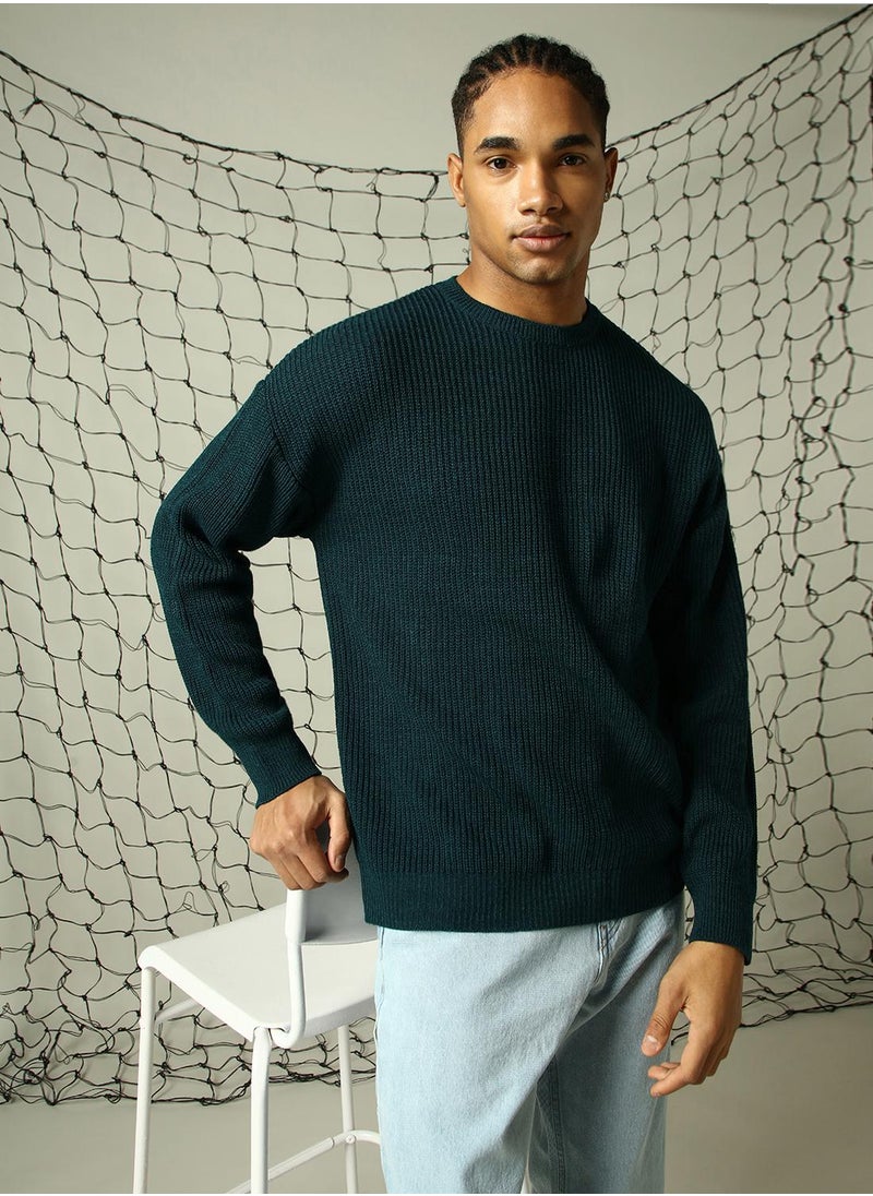 Men's Teal 100% Acrylic Solid Oversized Sweater