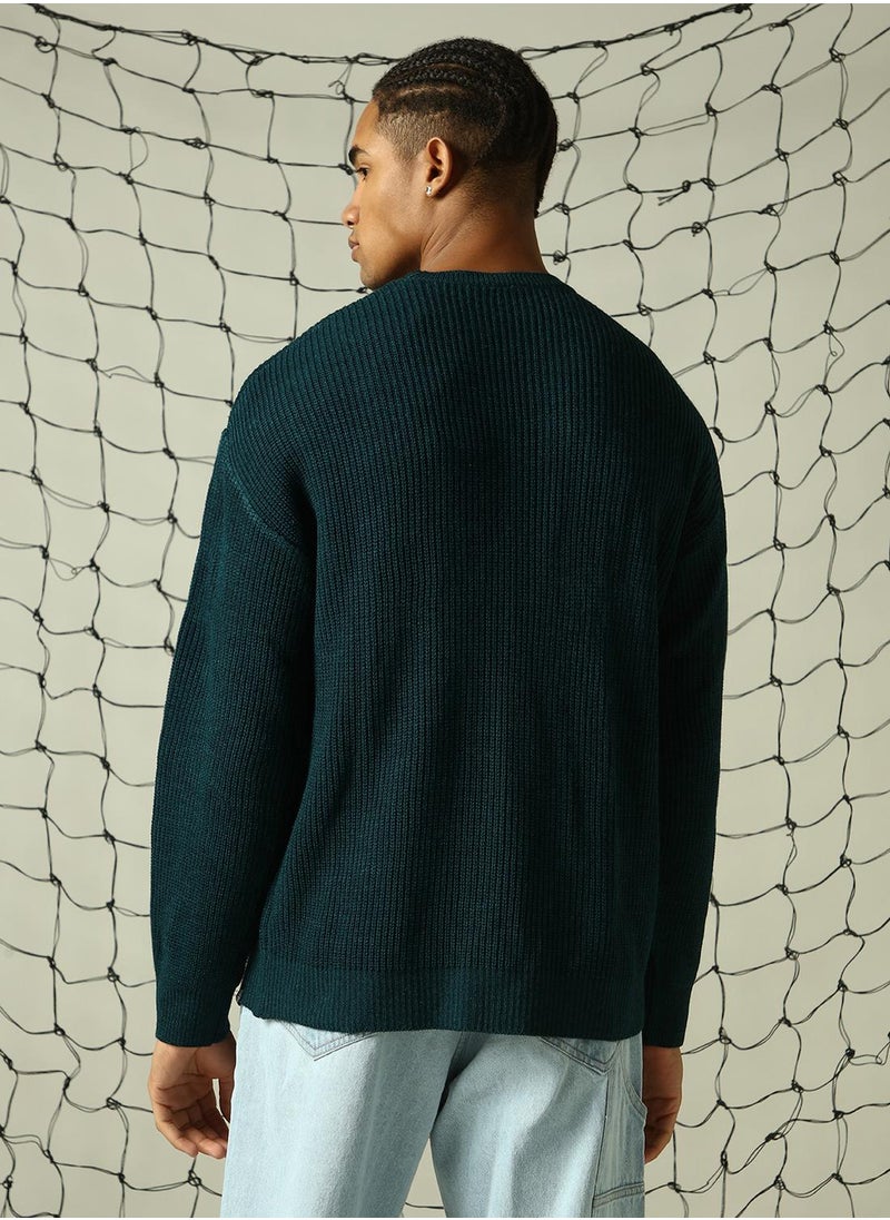 Men's Teal 100% Acrylic Solid Oversized Sweater