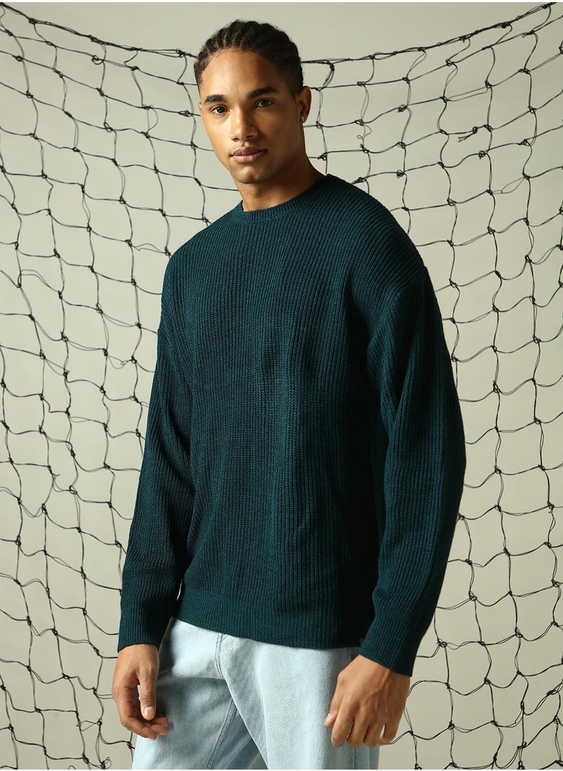 Men's Teal 100% Acrylic Solid Oversized Sweater