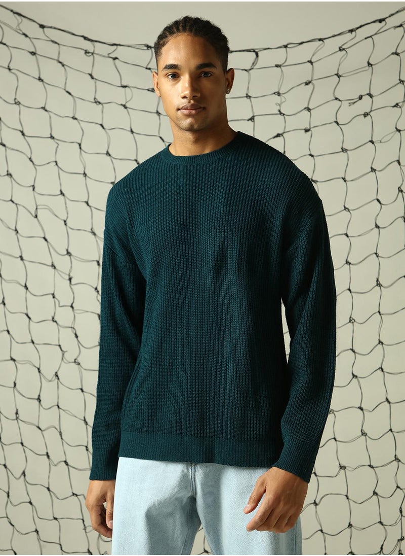 Men's Teal 100% Acrylic Solid Oversized Sweater