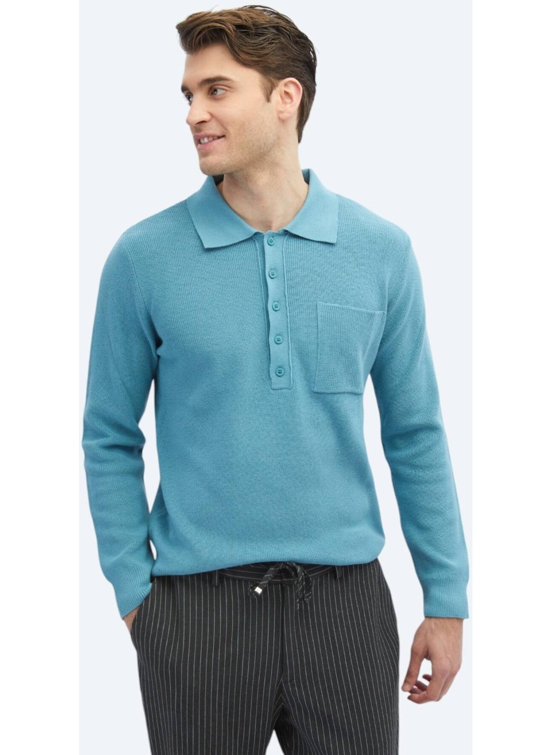 Dark Mint Polo Collar Selanik Cotton Blend Knitwear
