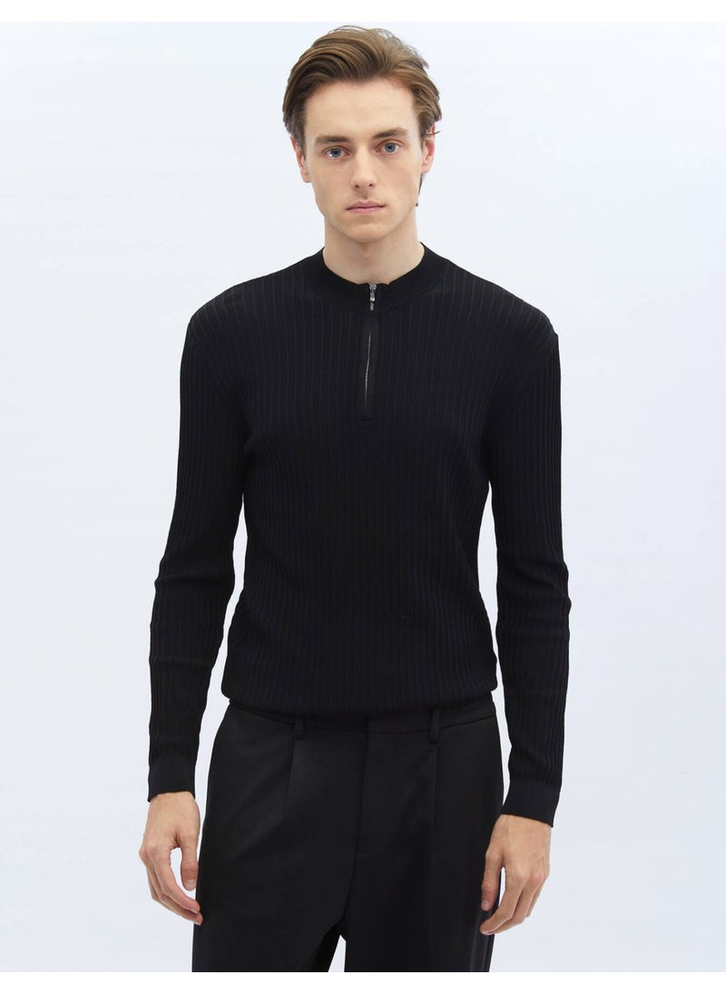 Black Half Turtleneck Patterned Sweater
