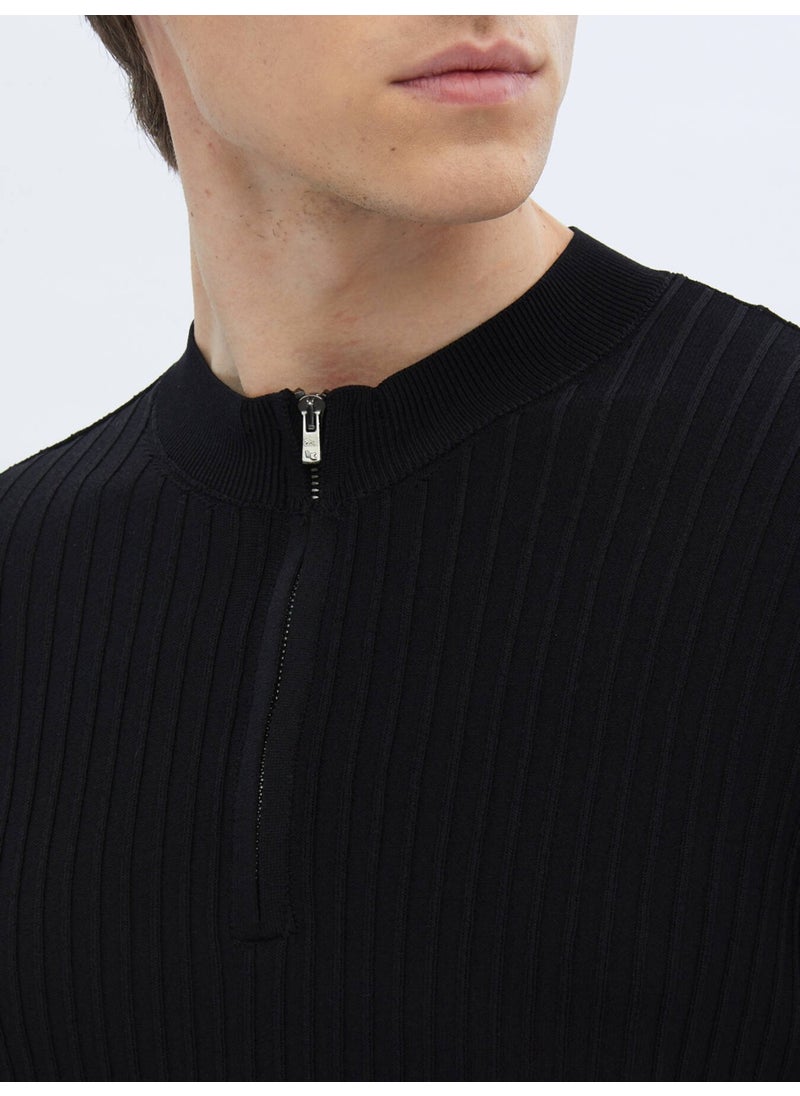 Black Half Turtleneck Patterned Sweater