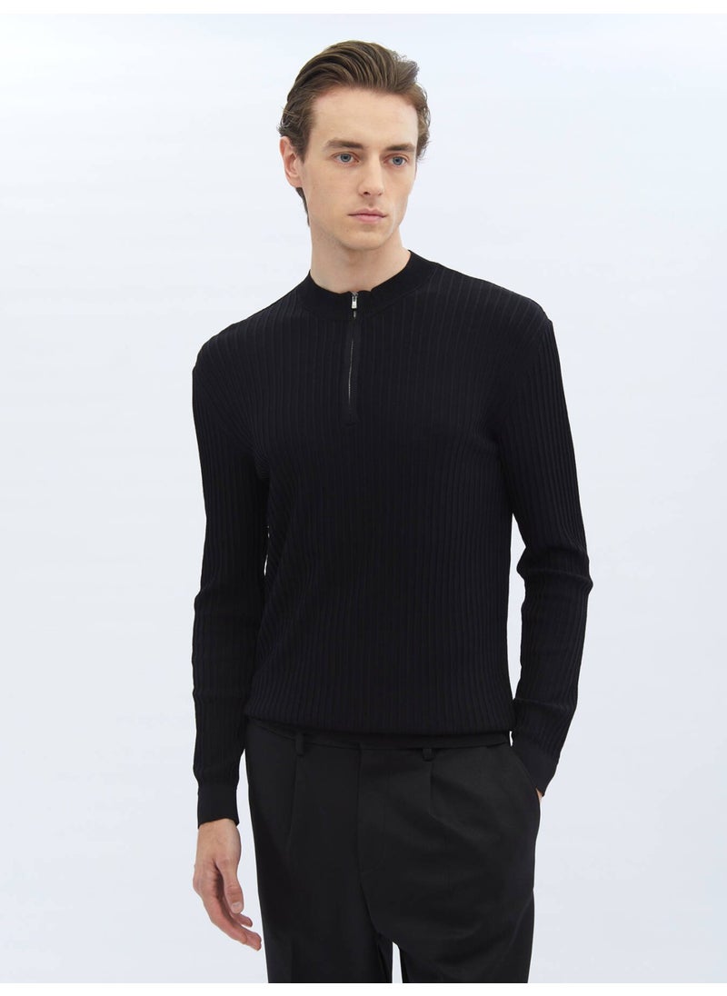 Black Half Turtleneck Patterned Sweater